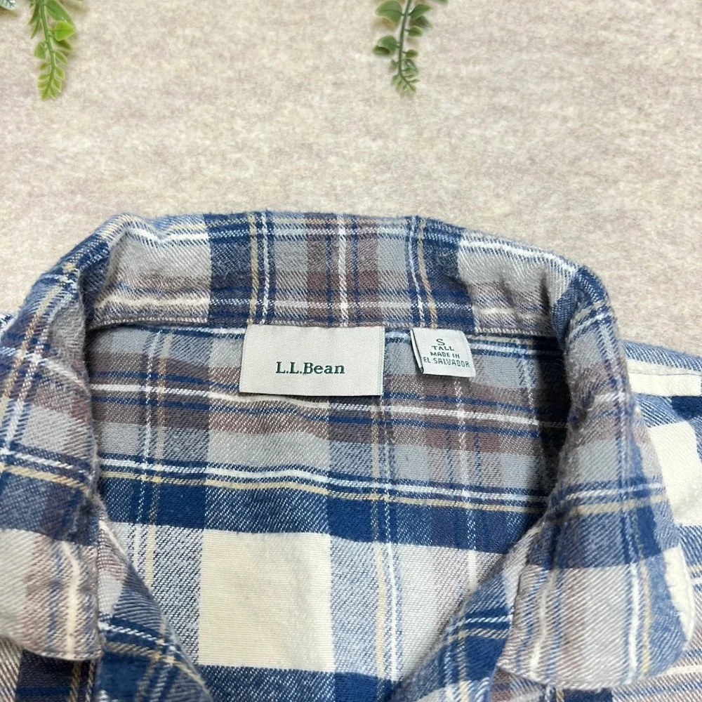 LL Bean Scotch Plaid Flannel PJ Shirt Blue White Cotton Sz Small Tall Camping - Picture 2 of 6